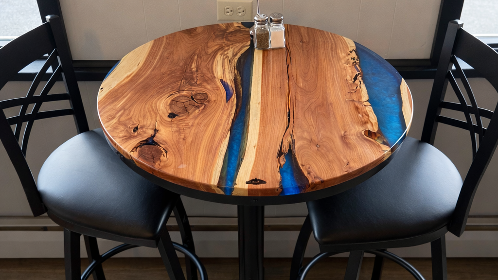 Round wooden table with a blue accent surrounded by black chairs in a room.