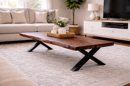 Live Edge Walnut Coffee Table | Solid Wood Living Room Table with Steel X Base, Modern Coffee Table
