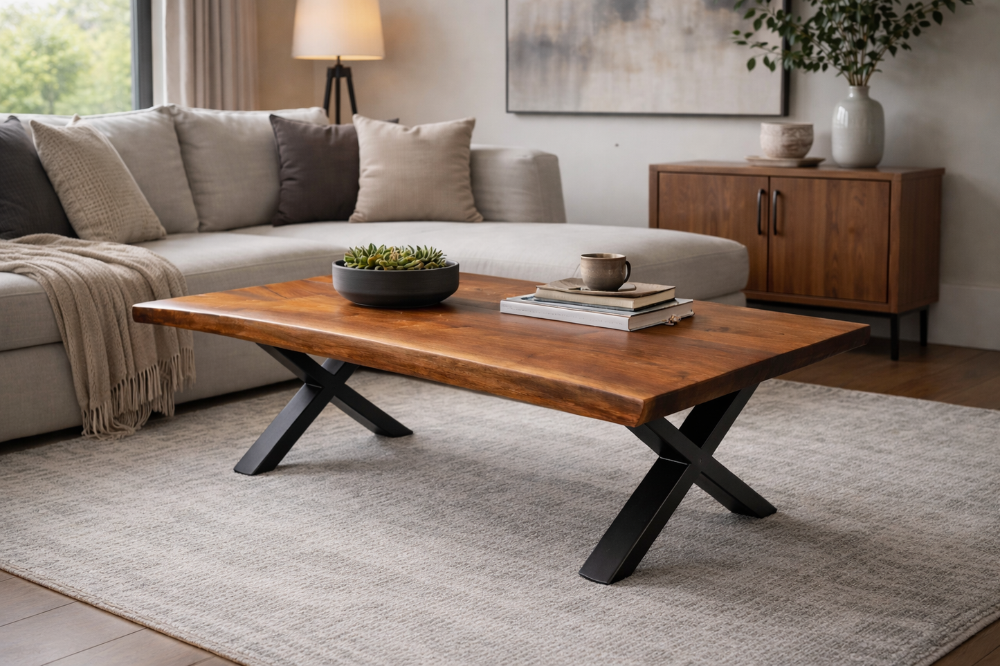 Live Edge Walnut Coffee Table | Solid Wood Living Room Table with Steel X Base, Modern Coffee Table