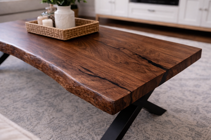 Live Edge Walnut Coffee Table | Solid Wood Living Room Table with Steel X Base, Modern Coffee Table